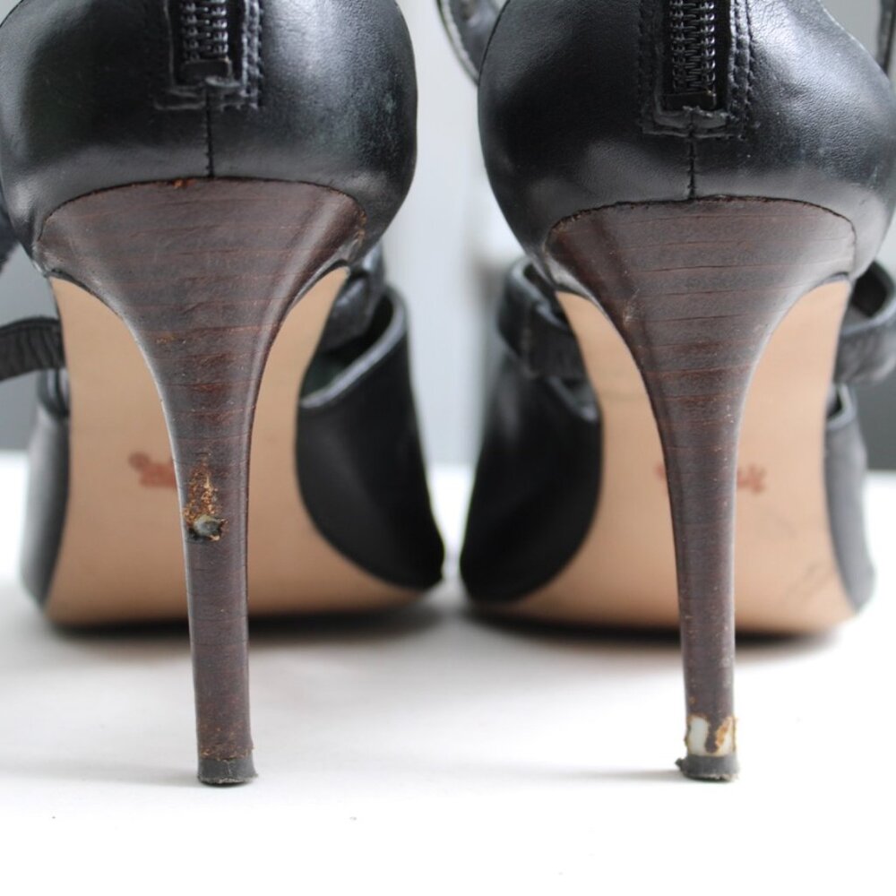 Coach Black Rhonda Open-Toe Leather Studded Straps Stacked Heels Pumps Size 9 - Picture 8 of 10